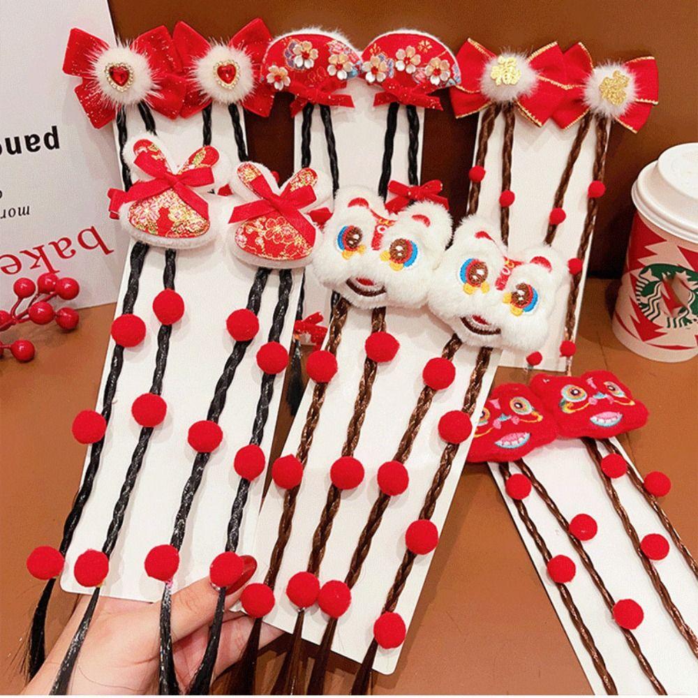 Wig Red Bow Hair Clip Tassel Plush Ball Hairpin Cute New Year Headwear  Decoration