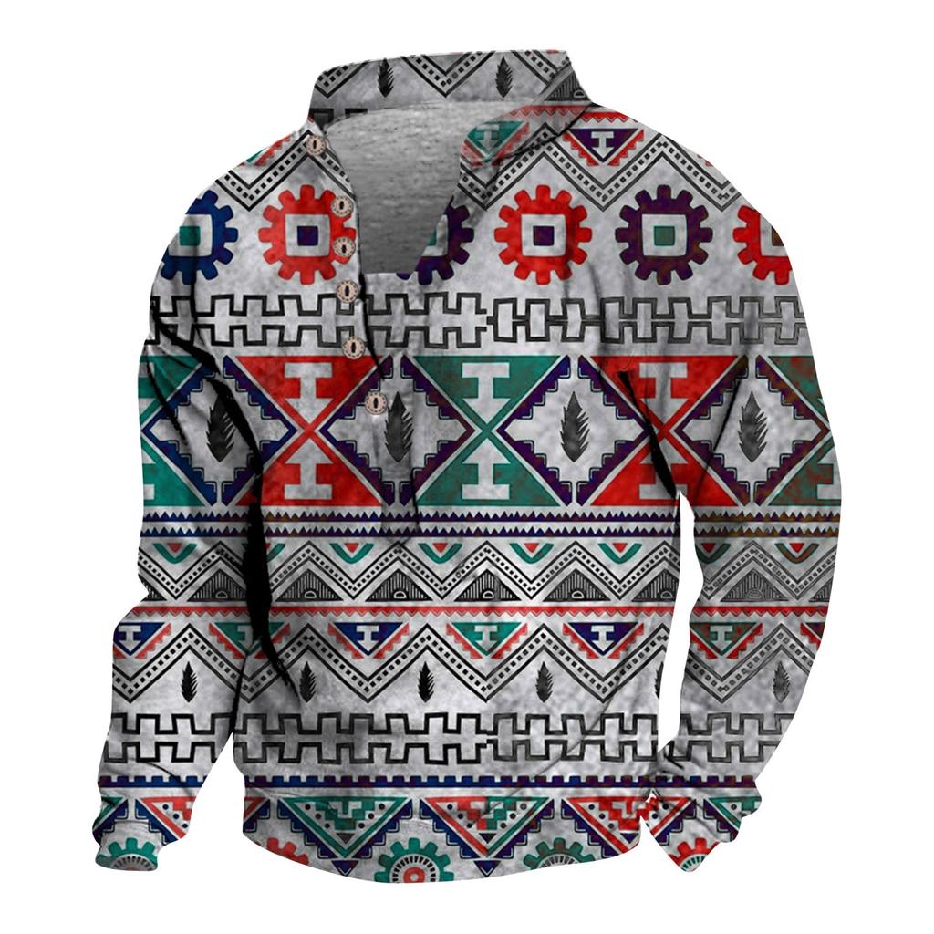 Pullover mit V-Ausschnitt für Herren, 3D-Digitaldruck, Stehkragen, 6 Knöpfe, Vintage-Kragen