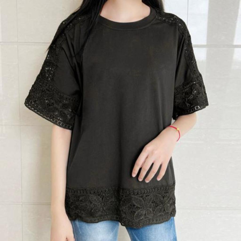 Damen Casual T-Shirt Rundhalsausschnitt Hohle Spitzennähte Halbarm Pullover Tops Einfarbig Lockere Passform Sommer Tops