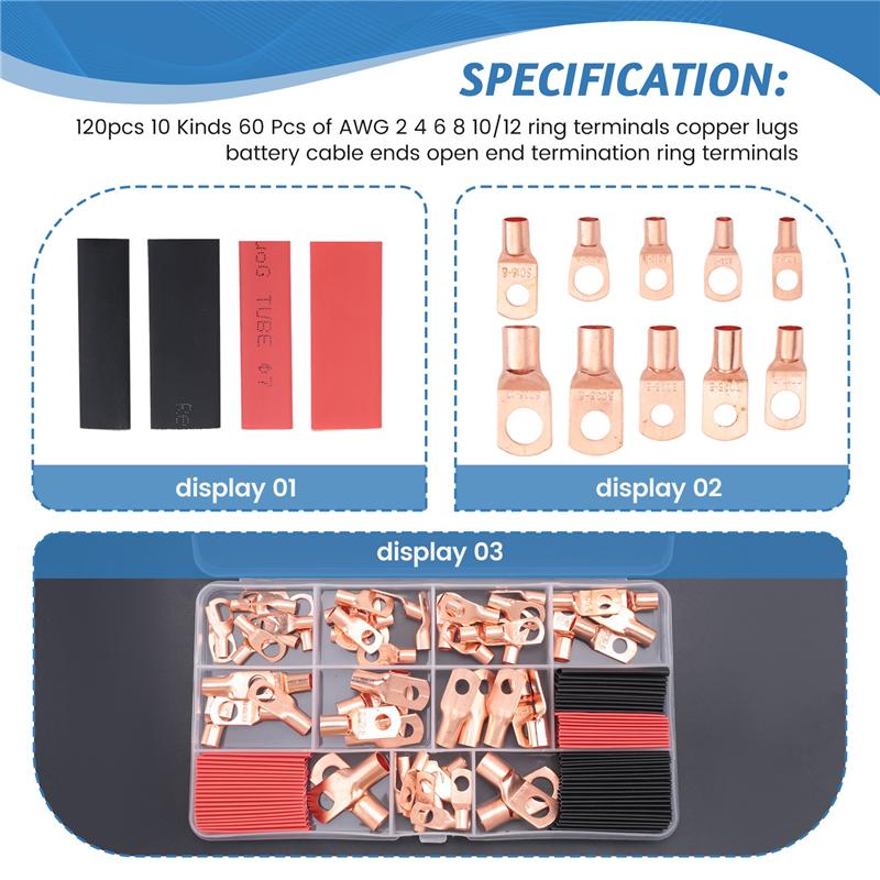 A03F-120Pcs Copper Wire Terminal Connectors, AWG 2 4 6 8 10 12 Ring Lug Kit With 60Pcs Heat Shrink 60Pcs Battery Cable Lugs