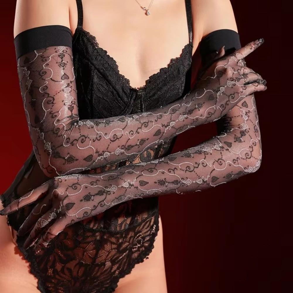 Sexy Oil Shiny Five-Finger Glove Floral Stocking Glove New Jacquard Glove for Women