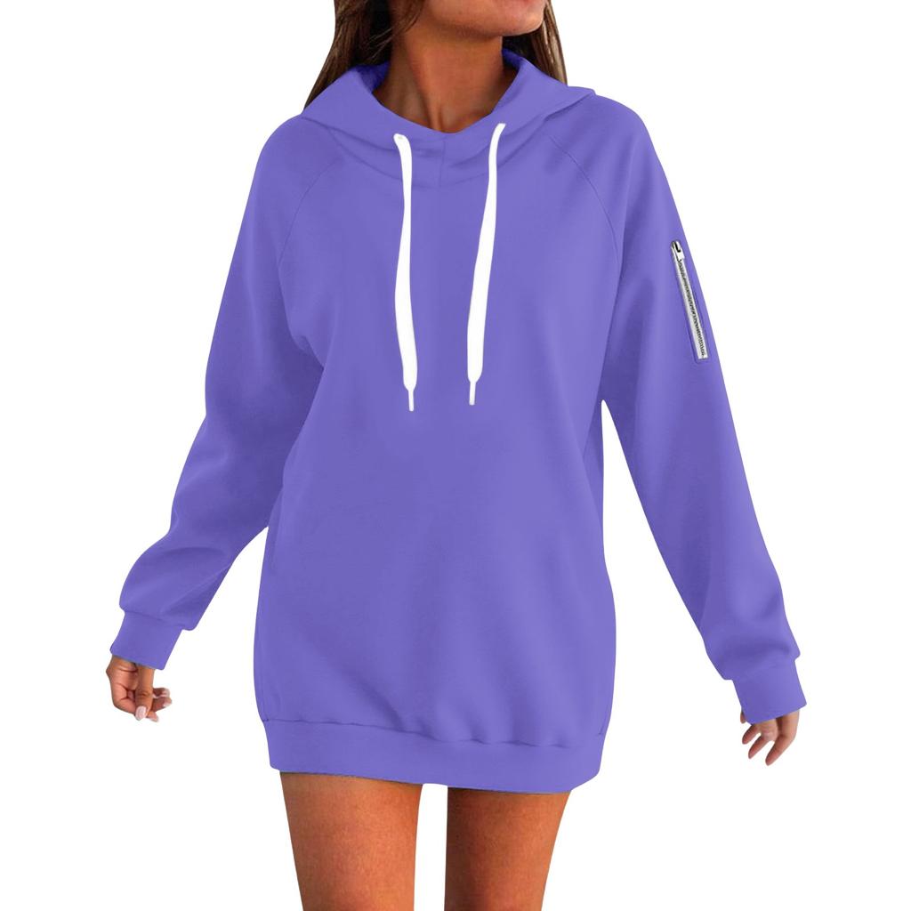 Women's Fashion Oversized Long-Sleeve Zipper Drawstring Solid Color Hooded Sweatshirt