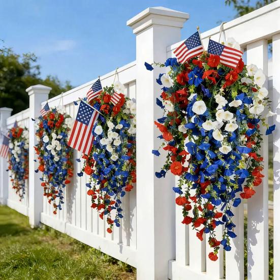 Yousheng Patriotic Hanging Flowers, Artificial Red White Blue Flowers Hanging Basket, Outdoor 4th of July Hanging Flower Basket for Porch Garden Decor