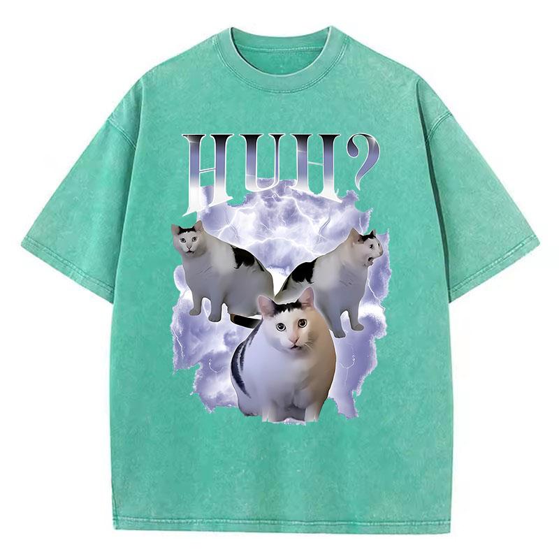 Funny T Shirt Vintage Washed Cotton T-Shirt Cat Saying Huh? Meme Graphic Tee Casual Streetwear for Spring Summer Fall