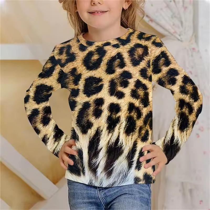 

Одяг для дівчинки Футболка для дівчинки з довгим рукавом Леопардовий принт із тигровою шкірою 3D-принт Дитячий осінній одяг Модний креативний топ для хлопчика та дівчинки з круглим вирізом 130