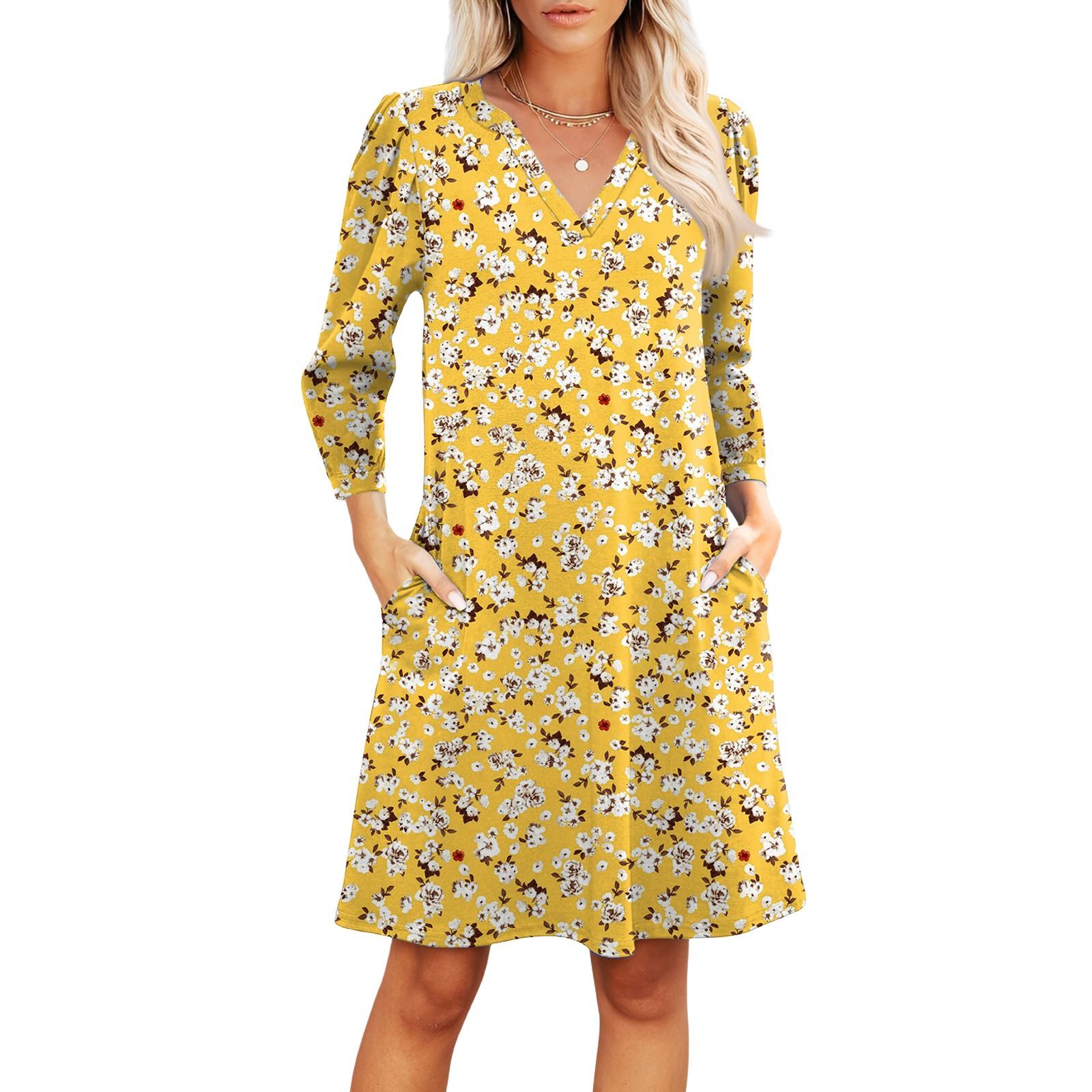 

Женское модное платье с V-образным вырезом, повседневное пляжное платье с рукавами три четверти и цветочным принтом XL жёлтый