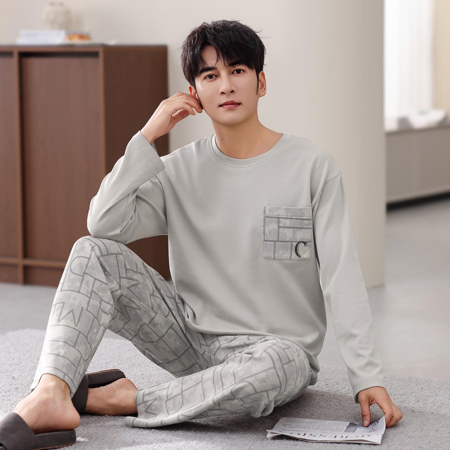 

Pajamas Men S Autumn Thin Cotton Long Sleeve Spring And Autumn Simple Wear Loungewear Suit L