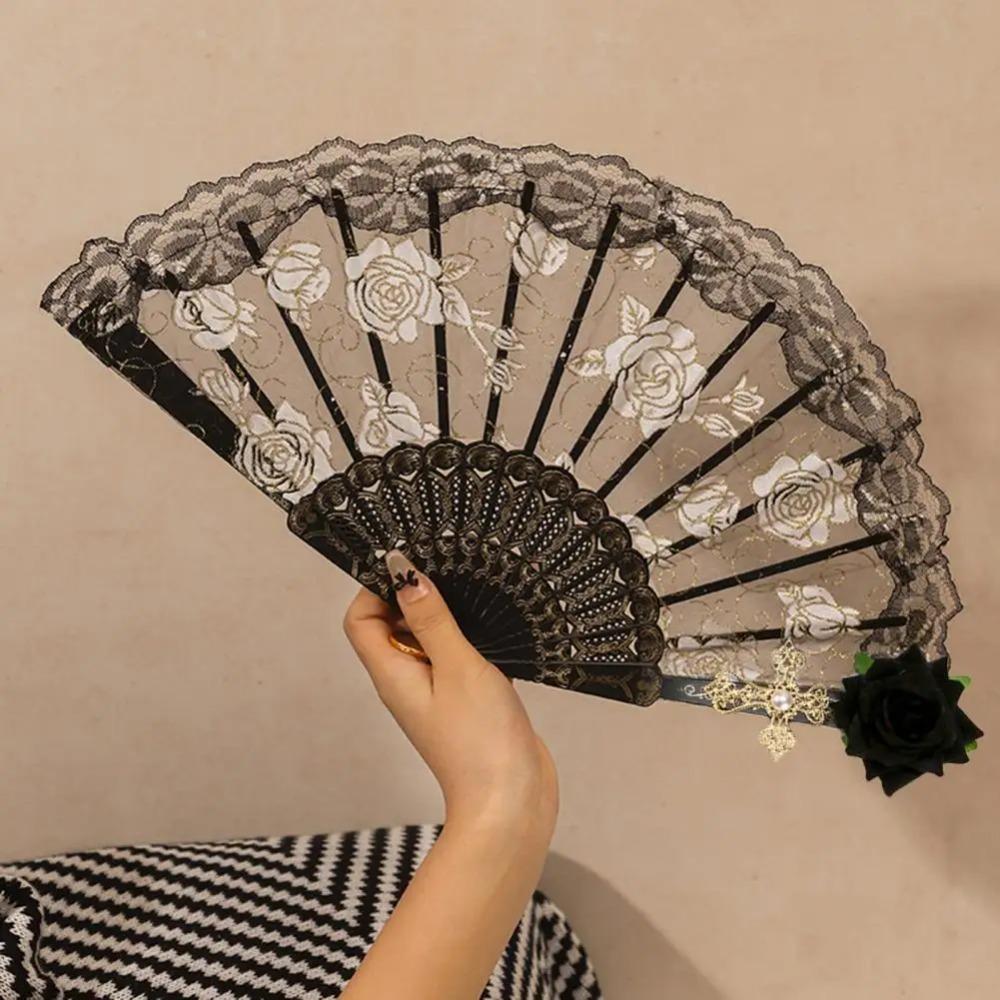 Retro Cosplay Vějíře do ruky Evropské Vějíře pro taneční show Růžový Krajkový Skládací Vějíř Svatební Párty Dekorace