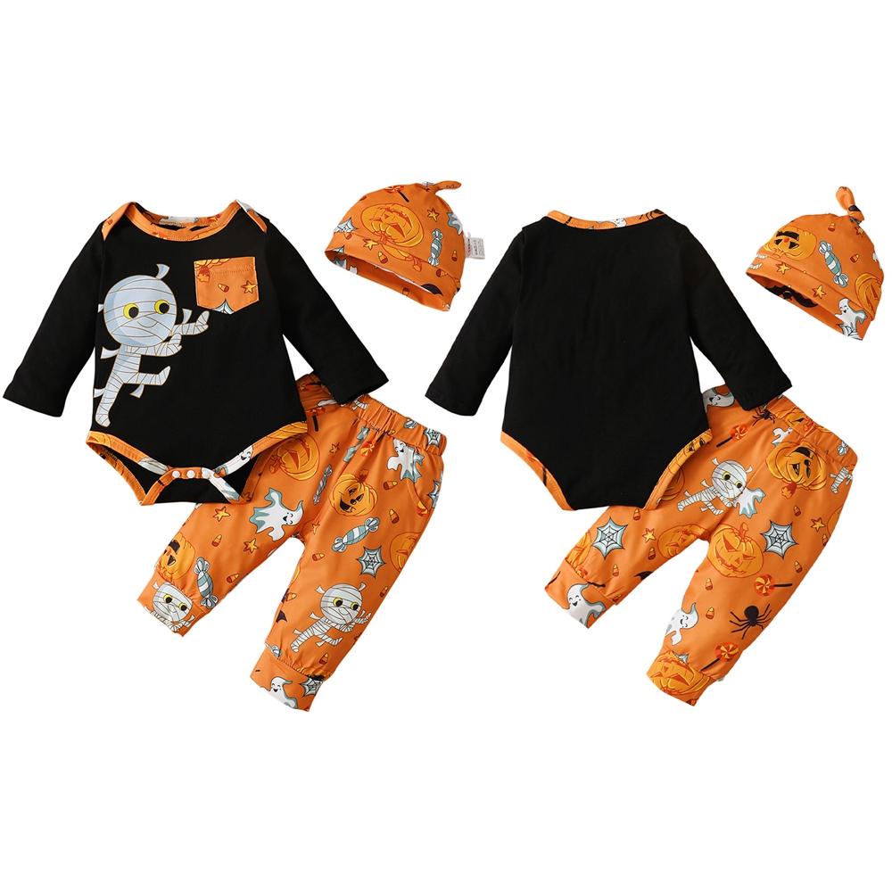 

Комбинезон с застежкой на пуговицы для младенцев, верх, низ, брюки и детская шапочка, комплект одежды из 3 предметов, принт тыквы/призрака на Хэллоуин