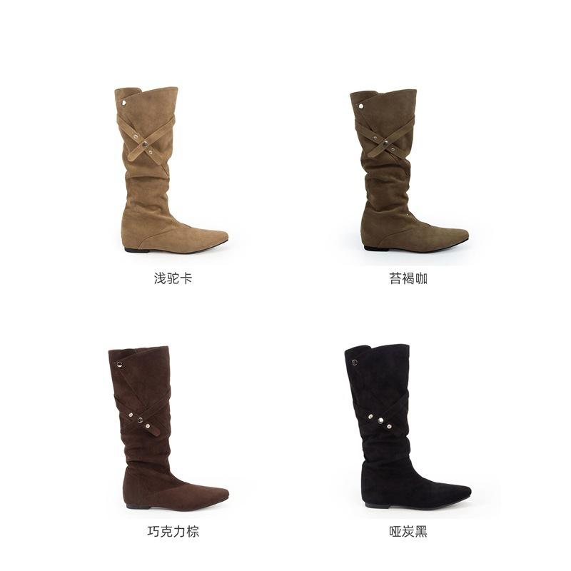 Cowhide version 0cm inner height increase~ two wear Korean pointed buckle with pleated middle tube stack boots women 0000 autumn and winter new