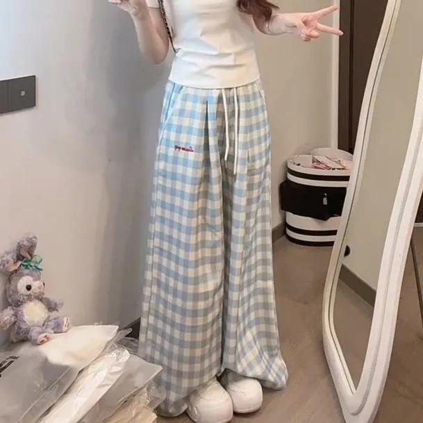 Korean Style Light Blue Plaid Embroidered High-Waisted Wide-Leg Pants XL