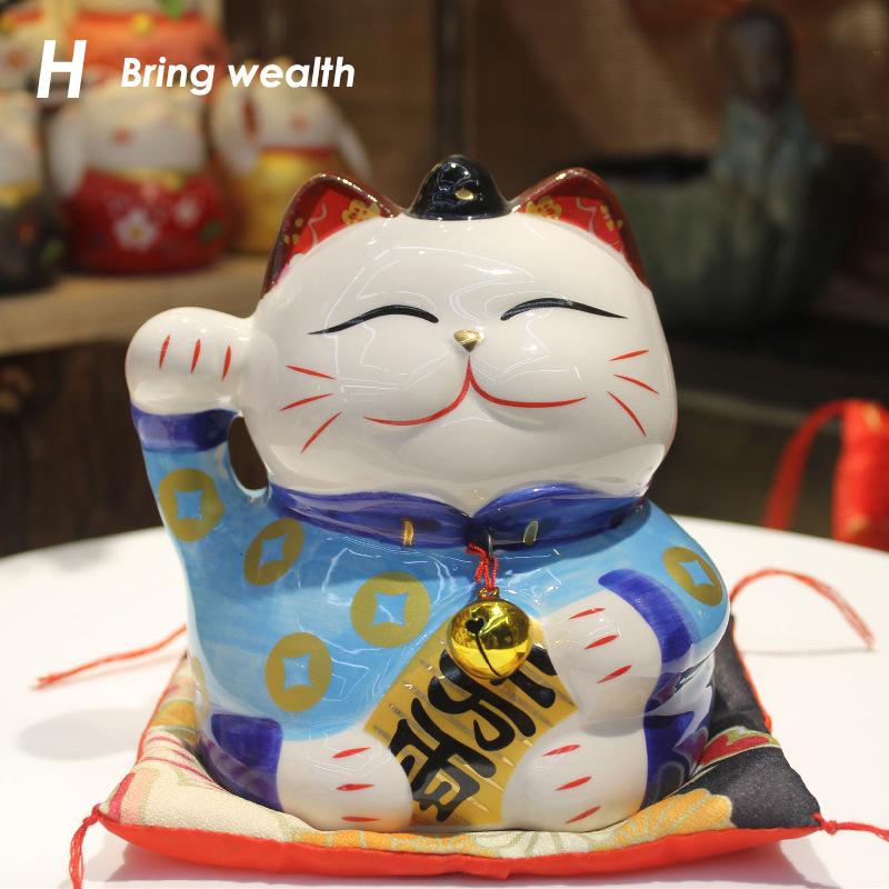 5.5 Inch Ceramic Maneki Neko Ornament Lucky Fortune Cat Feng Shui Decoration Figurine Piggy Bank Money Box With Placemat