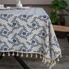 Clochef 1pc Vintage Blue Plum Blossom Pattern Broom Beige Tassels Tablecloth Dinner Picnic Home Decorative Table Cover