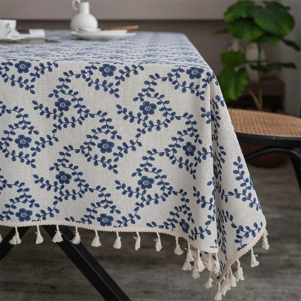Clochef 1pc Vintage Blue Plum Blossom Pattern Broom Beige Tassels Tablecloth Dinner Picnic Home Decorative Table Cover