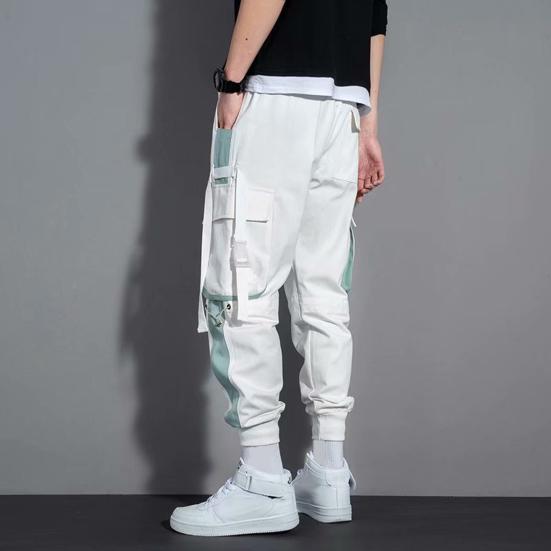 Men Cargo Pants Strap Decor Multi Pockets Loose Elastic Waist Ankle-banded Color Matching Hip Hop Streetwear Work Outdoor Trousers