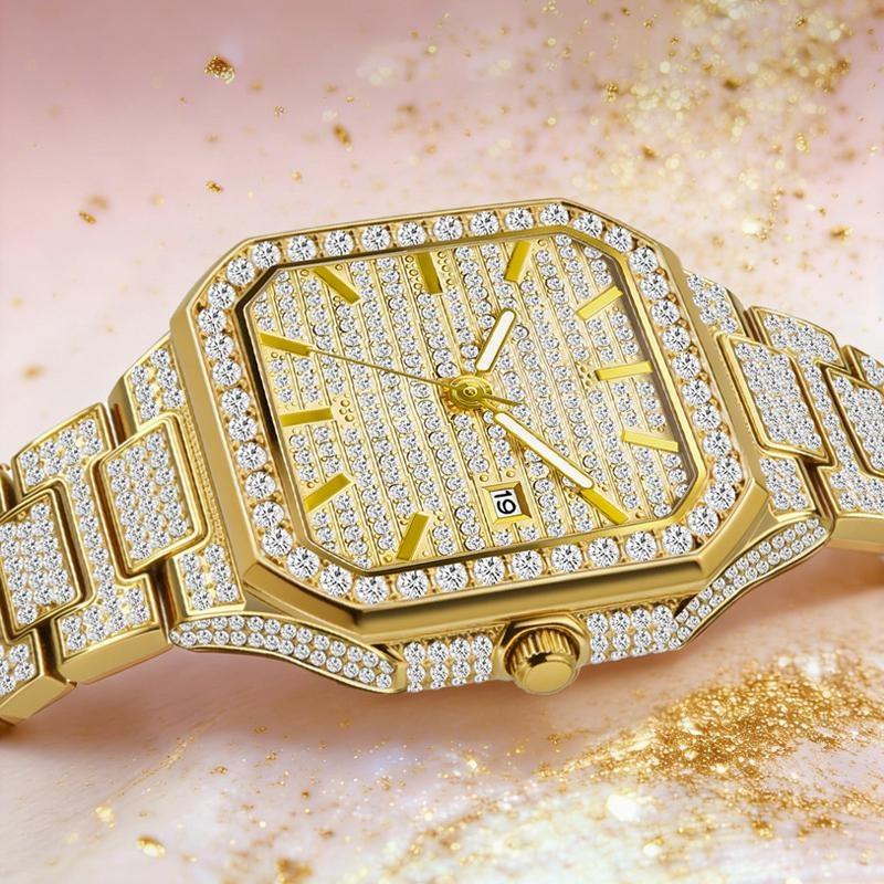 Luxury Full Diamond Watch Men Sparkling Rhinestone Dial Stainless Steel Bracelet Women Elegant Bling Dress Watch