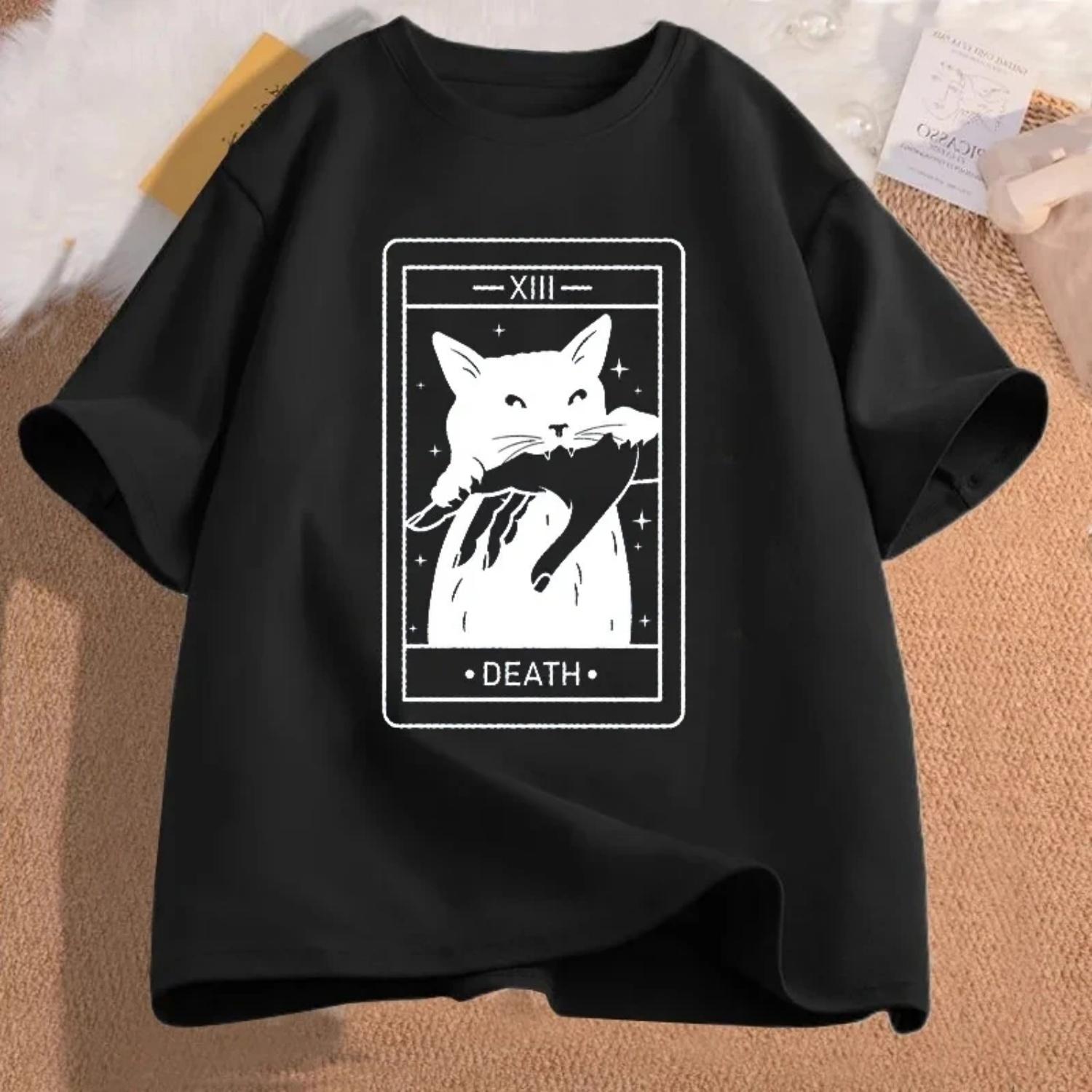

Cat Enthusiast s Short Sleeved Fun Cat Printed T-shirt Loose Plus Round Neck Cute Home Outfit S чёрный