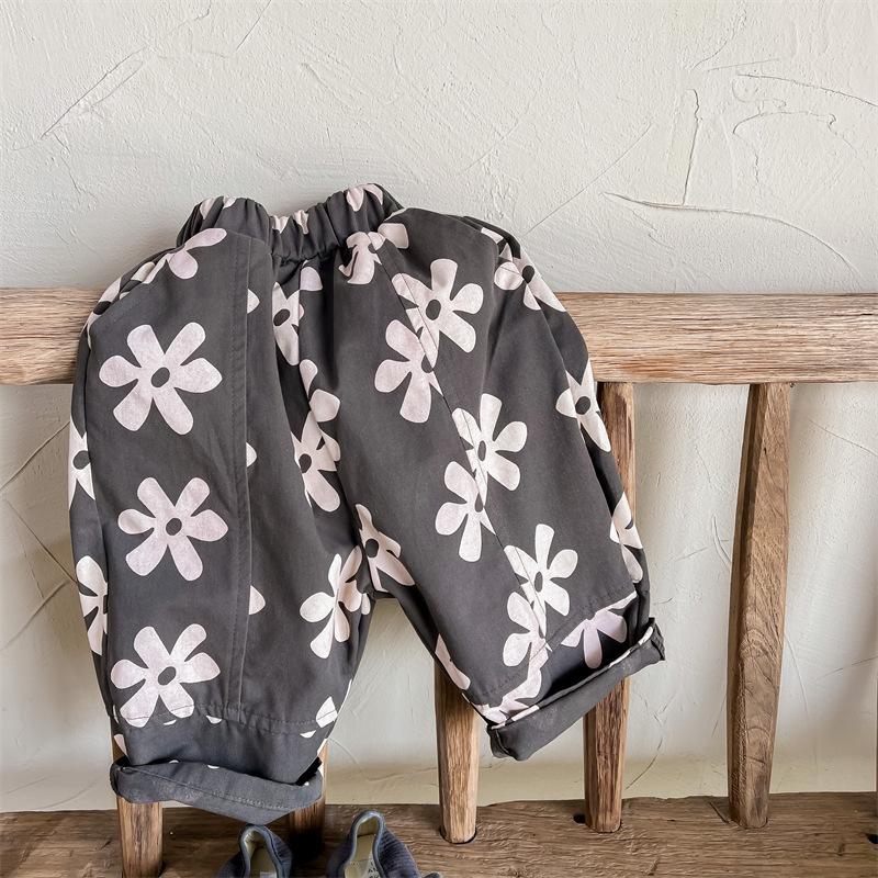 

Весна Осень Свободные повседневные брюки для девочек Детские брюки с цветочным принтом Брюки для девочек Стираные хлопковые шаровары Повседневные брюки Брюки-шаровары 80cm серый