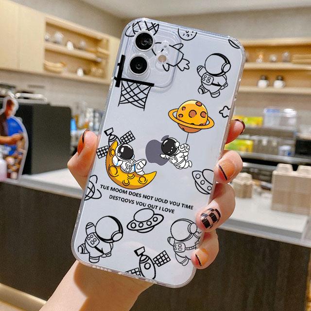 Urocze etui z kreskówkowym astronautą na iPhone 14 11 12 Pro 13 Pro Max XR XS X 6s 7 8 Plus SE 2020 13 Mini Luksusowe Przezroczyste Etui Odporne na Wstrząsy