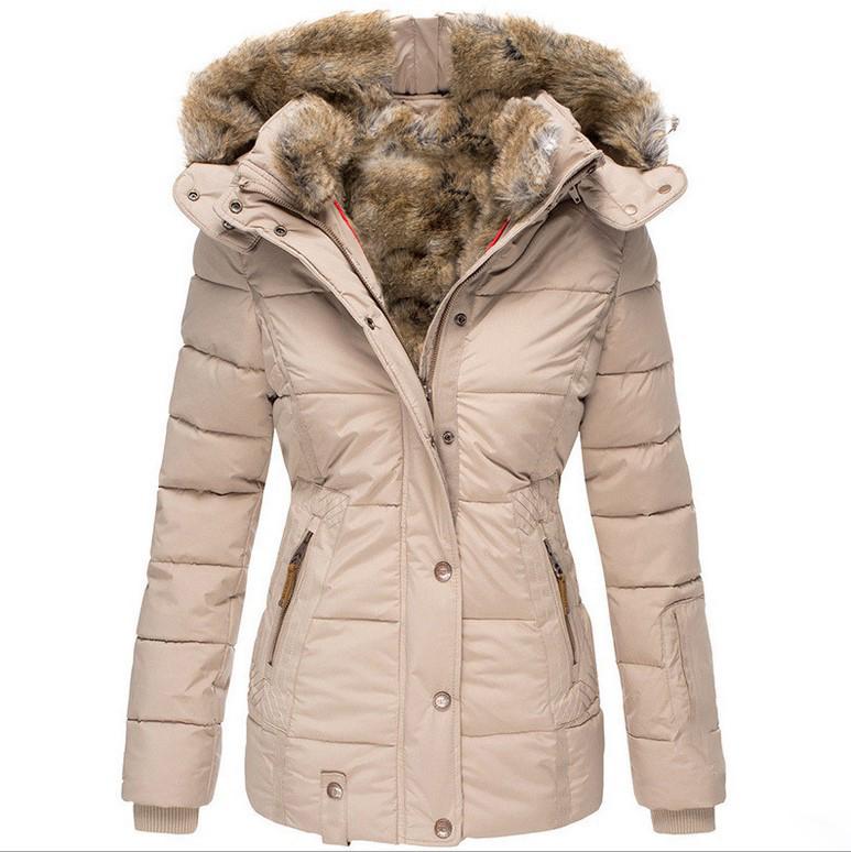 Winter Casual Warm Fur Collar Zipper Button Cardigan Long Sleeved Slim Coat Hooded
