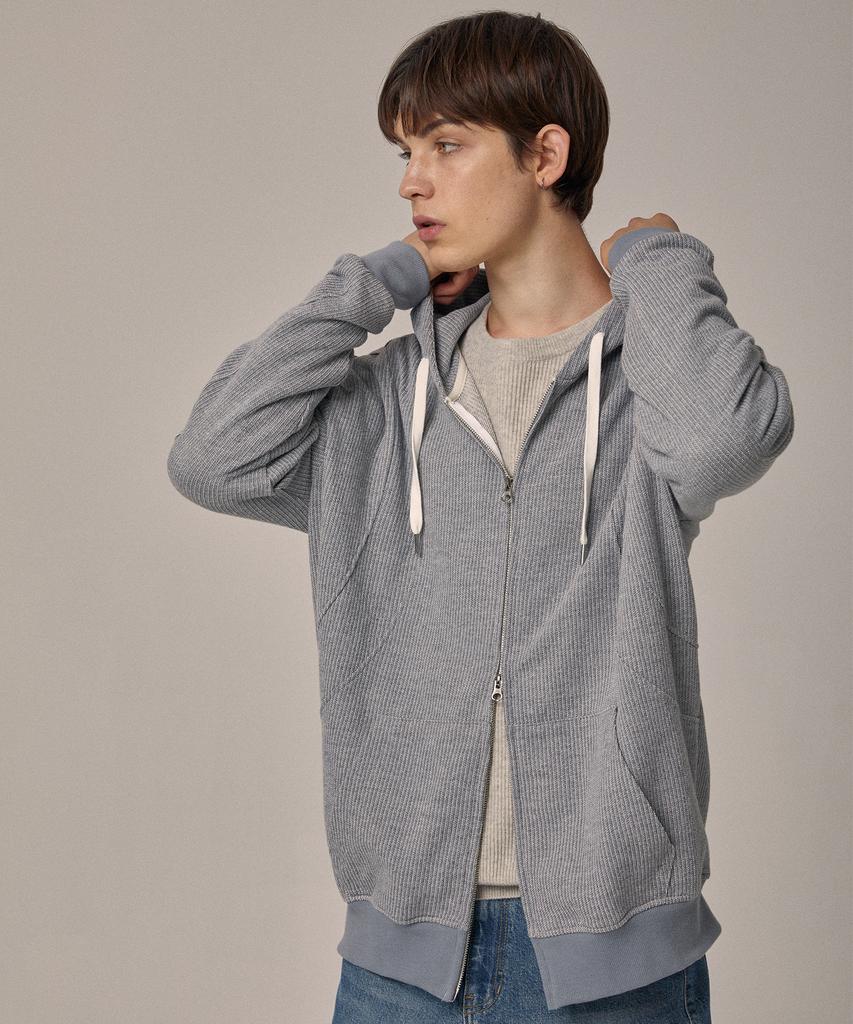 Learve Oversized Sweat Stripe Hoodie Zip-Up Grey