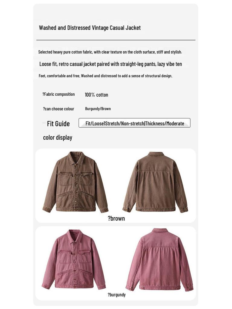 Xintang Men's Retro Washed Multi-Pocket Workwear Jacket with Turn-Down Collar