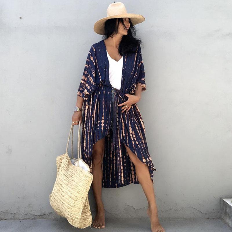 Bikini Cover Up Damen Batikmuster Strand Kimono Badeanzug Cape Sommer Wickelkleid mit Gürtel Urlaubsbadeanzug