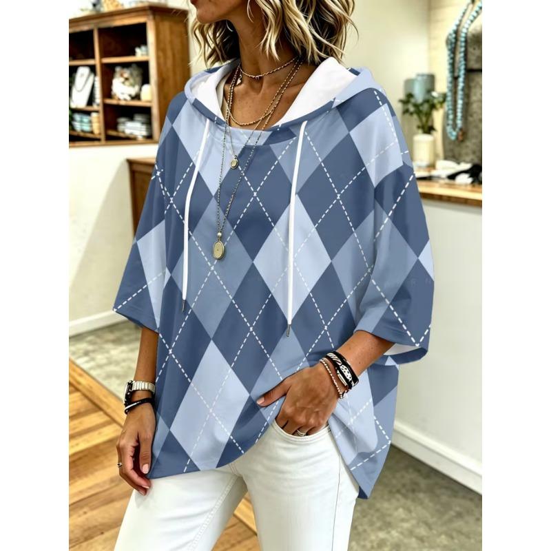 Damen Kapuzenpullover mit Dreiviertelärm, locker, Retro-Blumenmuster, lässiges Urlaubs-Top