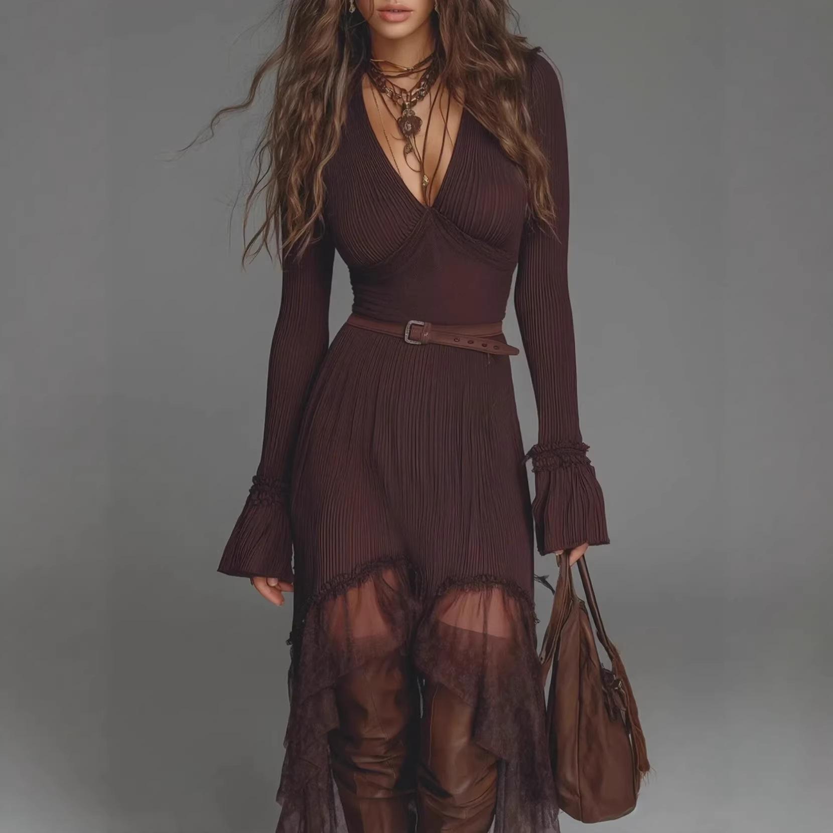 2026 European and American Women s Wear Independent Stand V-Neck Long Sleeve Patchwork Solid Color Dress Mesh Dress + Waistband S
