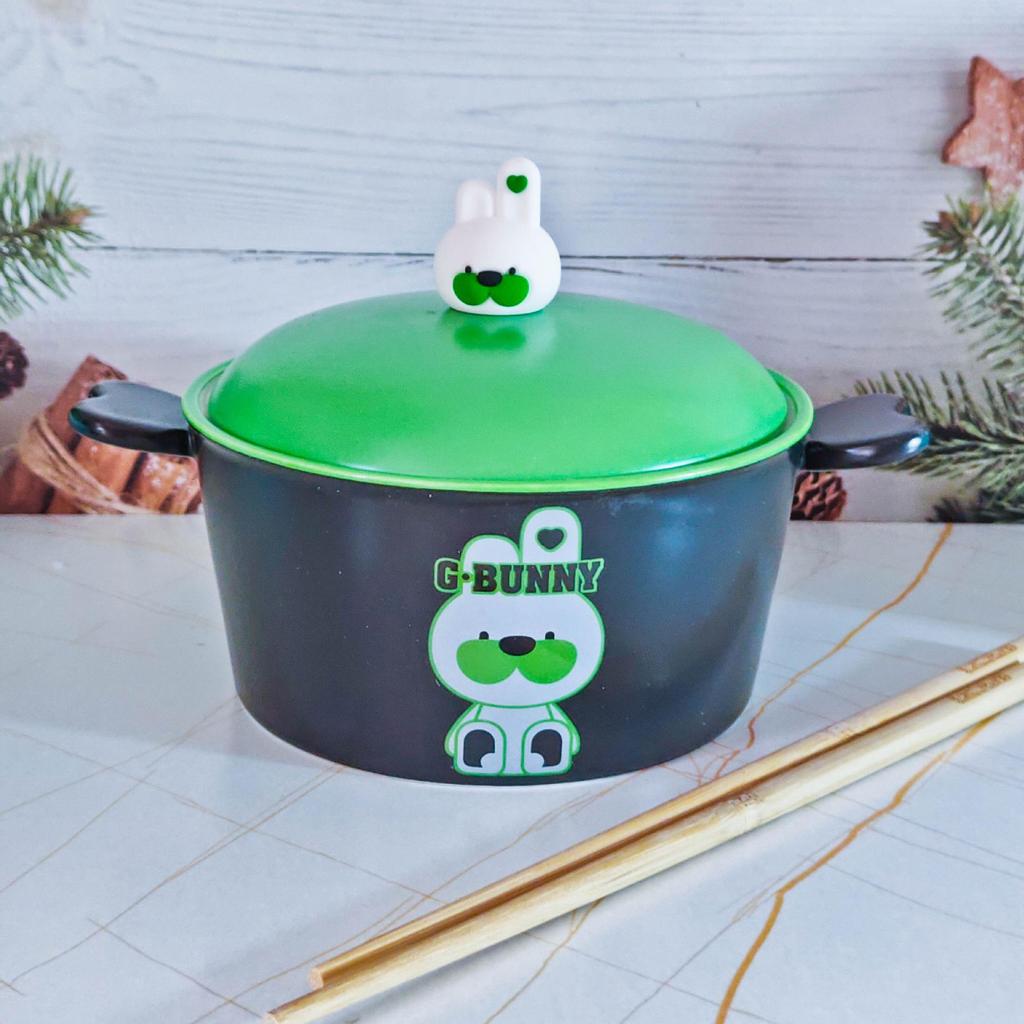Korean Style Cute Heart Ceramic Noodle Bowl with Lid for Dorm or Bedroom Microwave Use
