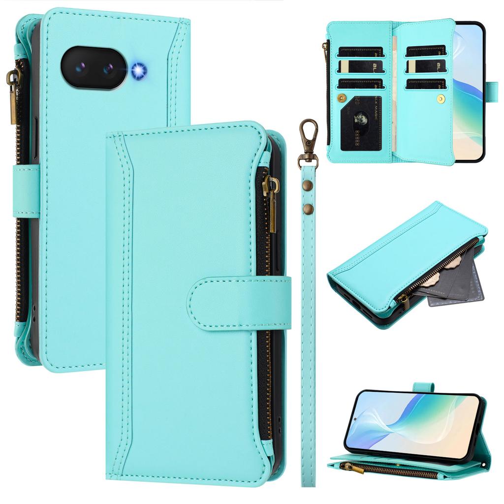 For Google Pixel 9a Leather Case 9 Card Slots Zipper Wallet Stand Phone Cover with Wrist Strap