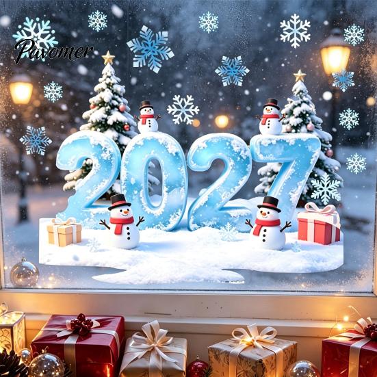 Holiday Glass Stickers 2027 Christmas Winter Window Cling, Static Sticker with Snowman, Bathroom Decoration Tree, Snowfalke, Removable Waterproof Door