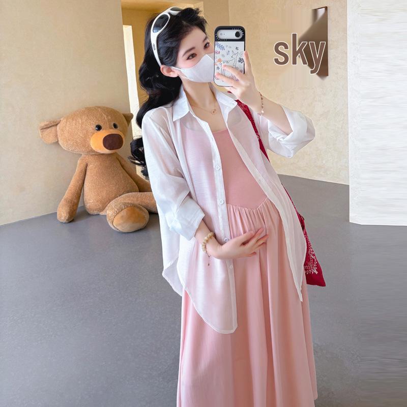 

Spring Maternity Pink Camisole & Long Skirt Set with Lightweight Sun Protection Cardigan XL