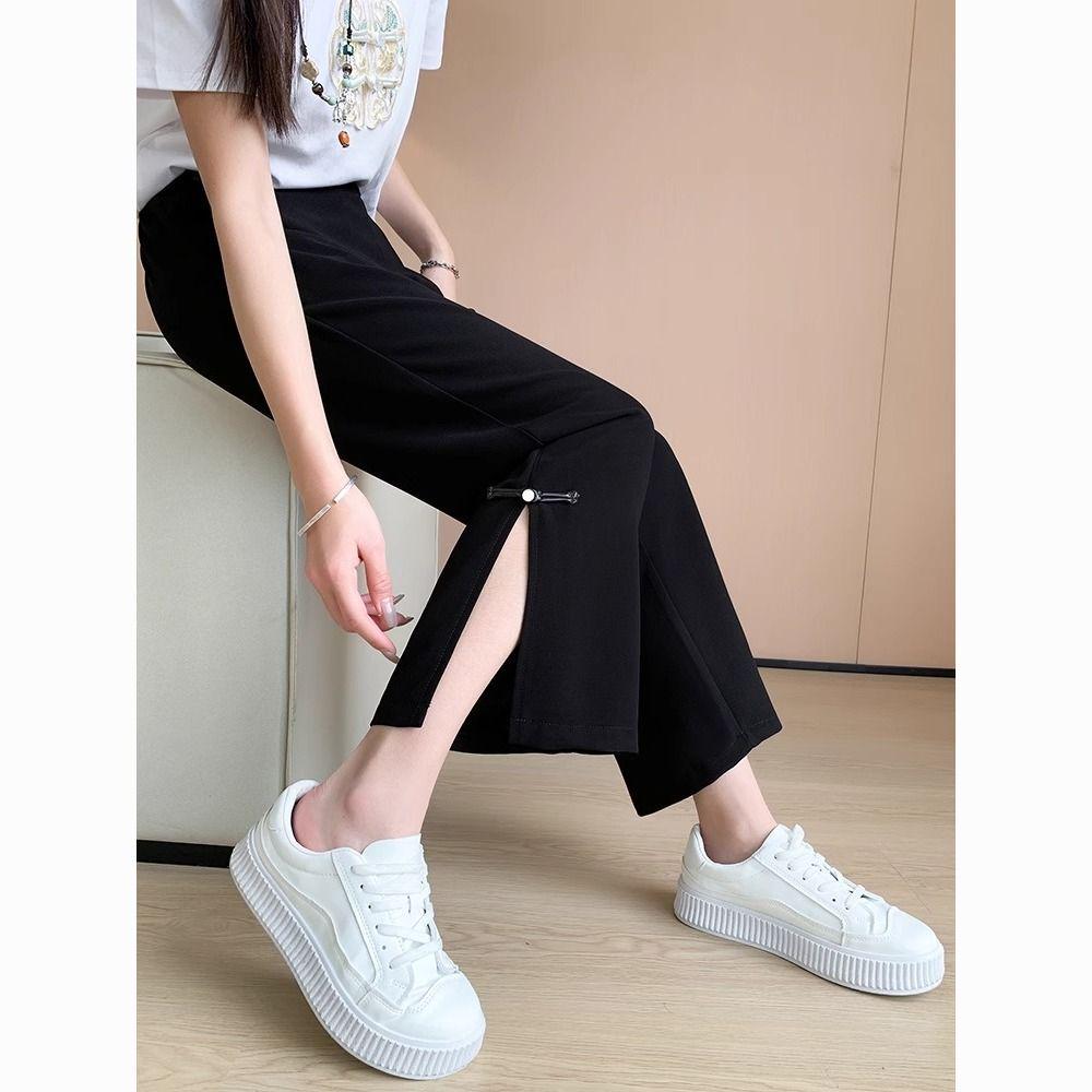 2026 Women's Chinese Style Wide-Leg Slit Pants - Summer, Loose, Slimming, Drape, Plus Size, Nine-Point Length