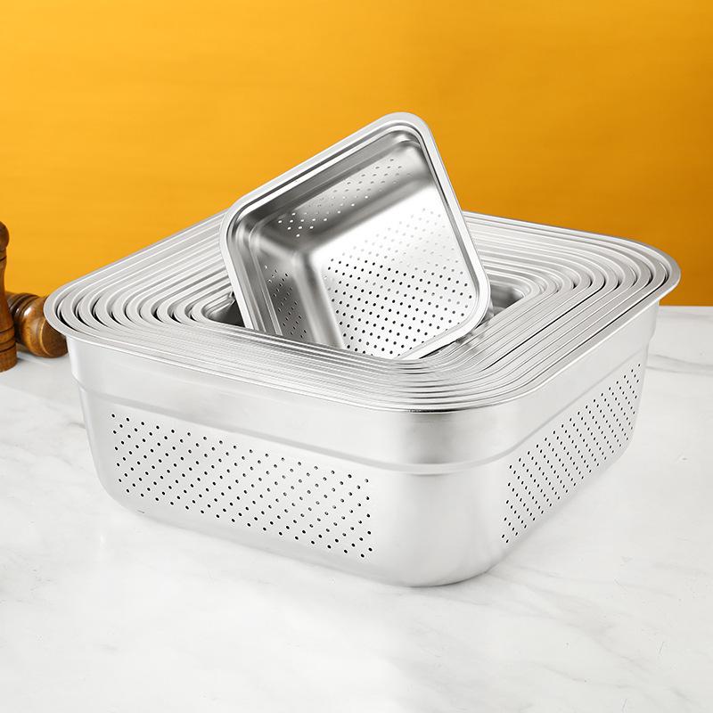 Large 304 Stainless Steel Colander with Lid - Square Vegetable Washing and Oil Draining Basin