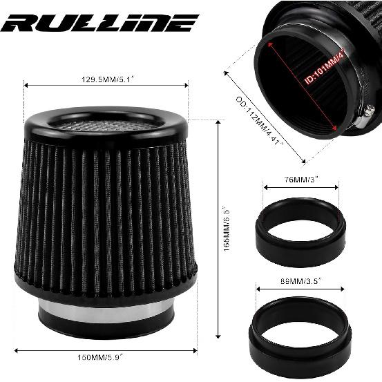 RULLINE 76mm 89mm 102mm Air Filter 3" 3.5" 4" Cold Air Intake Universal Clamp-On Air Filter Three Different Size High Flow Round Tapered Cone Cool