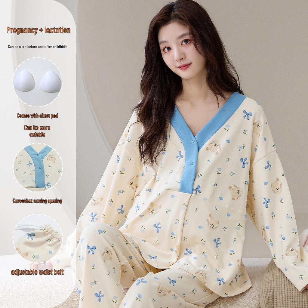 Plus Size Maternity Pajamas with Chest Pads for Autumn/Winter - Women's Postpartum Nursing & Home Wear Set