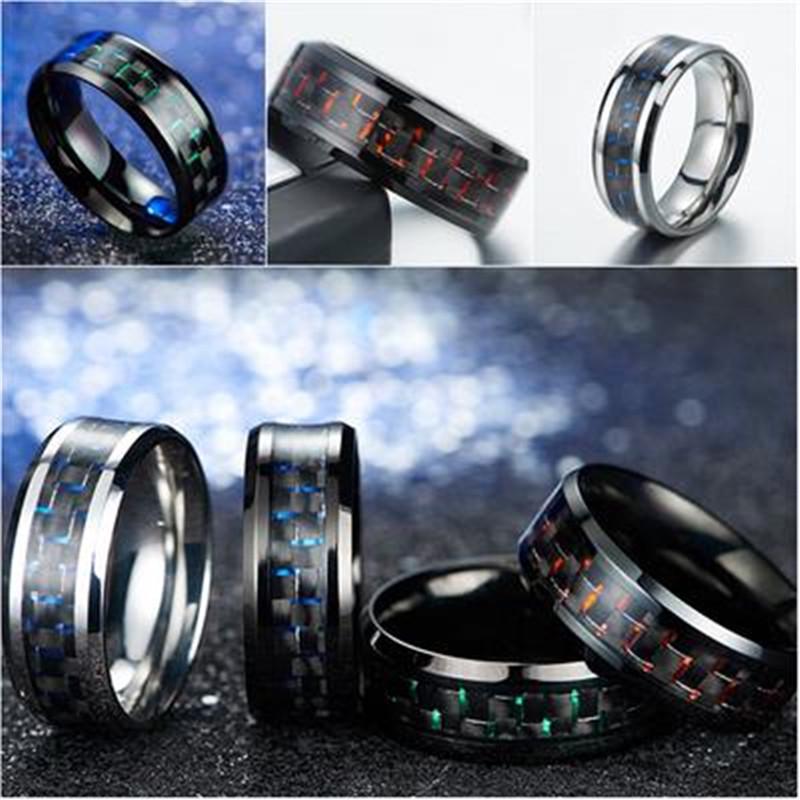 1pcs Men Black Titanium Wedding Band Ring With Black And Blue Carbon Fiber Inlay