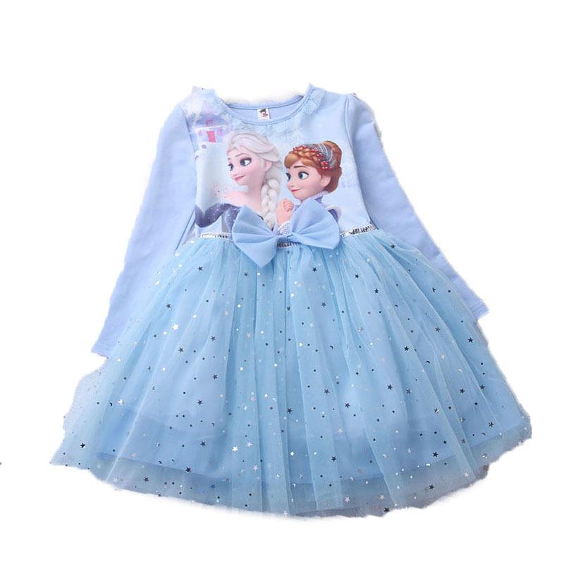 Frostprinsessklänning för flickor, Elsa Långärmad Baby Bomull Höstoutfit, Barnens Puffig Tyllklänning, Födelsedagsklänning