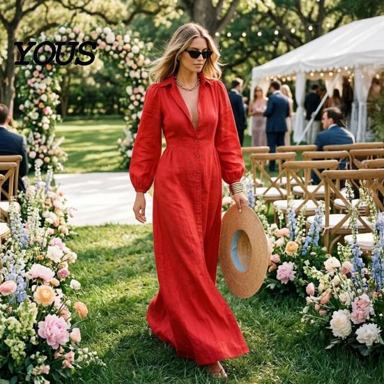Autumn Women Dresses Button Front Shirt Dress, Long Sleeve Turn-down Collar Collared Style Solid Color Cinched Waist Dress for Daily Office Casual