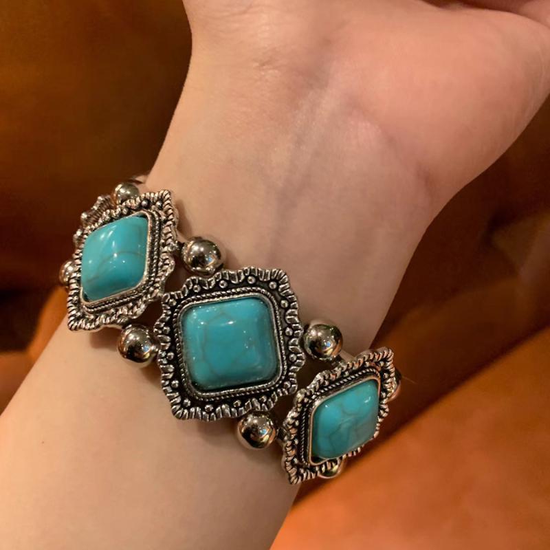 New Fashion Boho Turquoises Ear Studs Elastic Bracelet Bangle For Women Ethnic Vintage Bohemian Party Jewelry Gift