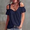Women Tops Shoulder Straps Design Off Shoulder Ruffle Collar T-shirt Pure Color Loose Fit Short Sleeve Summer Tops