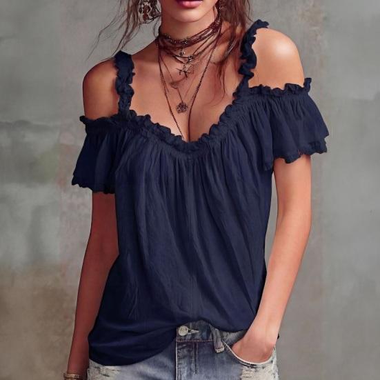 Women Tops Shoulder Straps Design Off Shoulder Ruffle Collar T-shirt Pure Color Loose Fit Short Sleeve Summer Tops