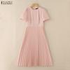 ZANZEA Women Casual Round Neck Short Sleeve Elegant Pleated Dress