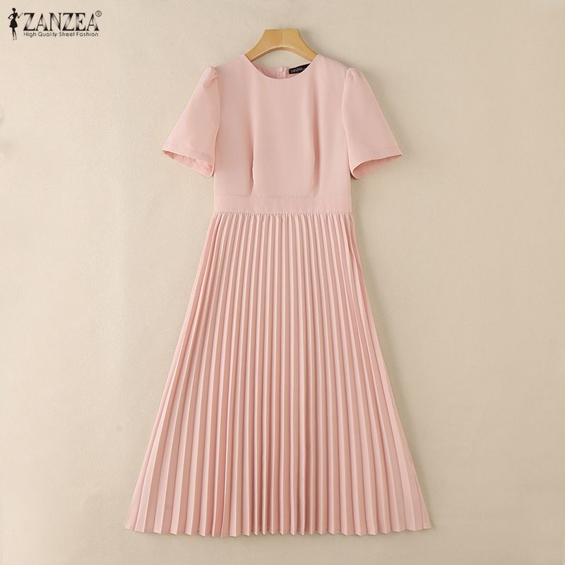 ZANZEA Women Casual Round Neck Short Sleeve Elegant Pleated Dress
