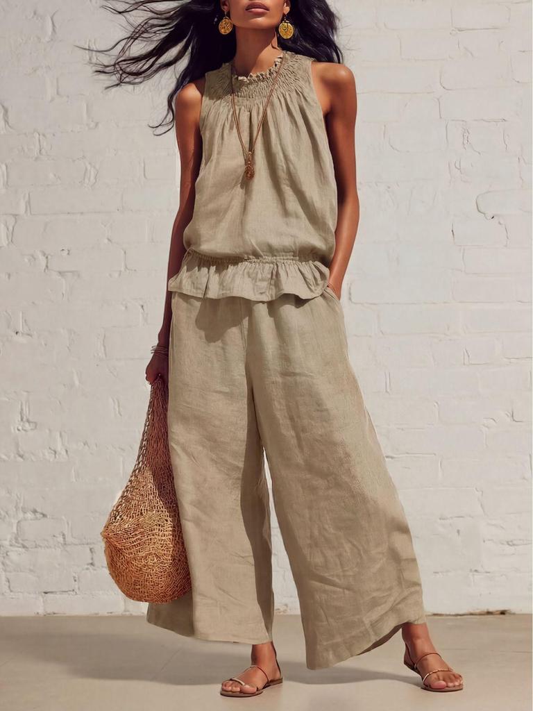 European & American Women's Retro Bohemian Ruffle Cotton-Linen Two-Piece Set for Spring and Summer 2026