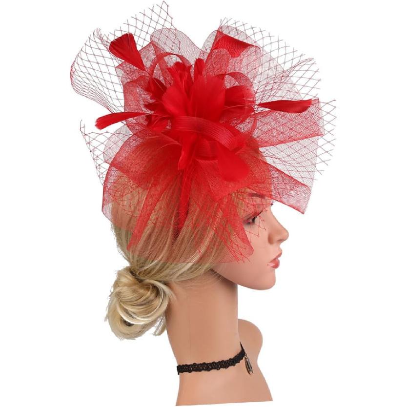 FOMIYES Red Mesh Fascinator Headband and Hair Clip, Cocktail Tea Party Hat for Women, Wedding and Special Occasion Accessories