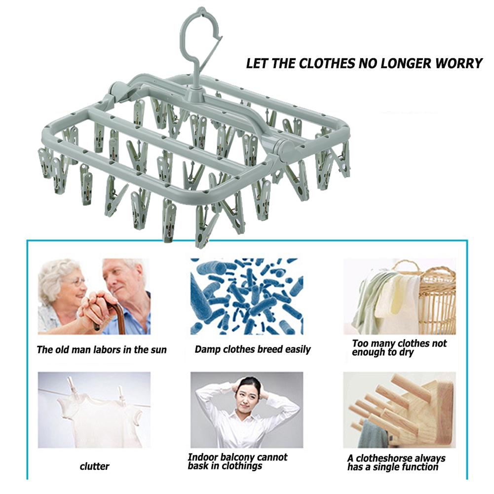 32 Clips Folding Clothes Hanger Socks Drying Rack Portable Rack Clothespin Windproof Sock Dryer for Hanging Underwear Lingerie