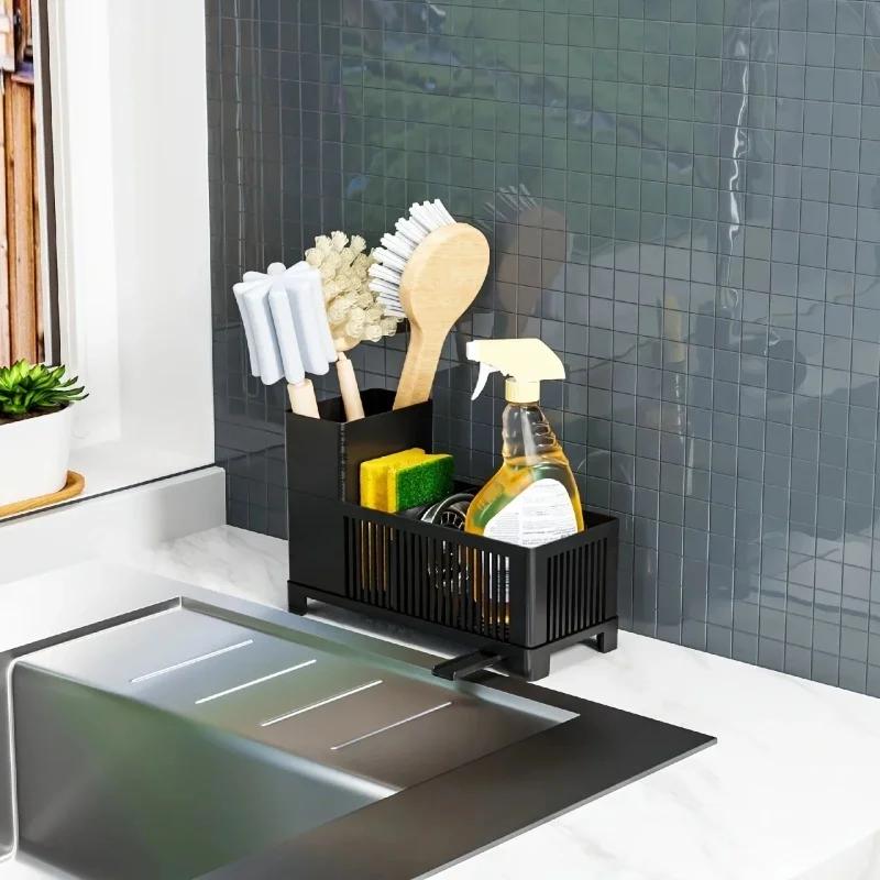 Kitchen Sink Organizer 2 Tier Sponge Holder Dish Soap Dispenser for Scrub Brushes Dishcloths Cleaning Supplies Space
