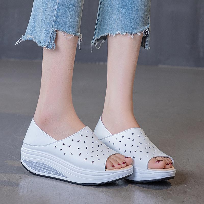 Genuine Leather Women's Sandals 2024 Summer New Platform Wedges Ladies Shoes Hollow Out Breathable Women Sandals Slippers
